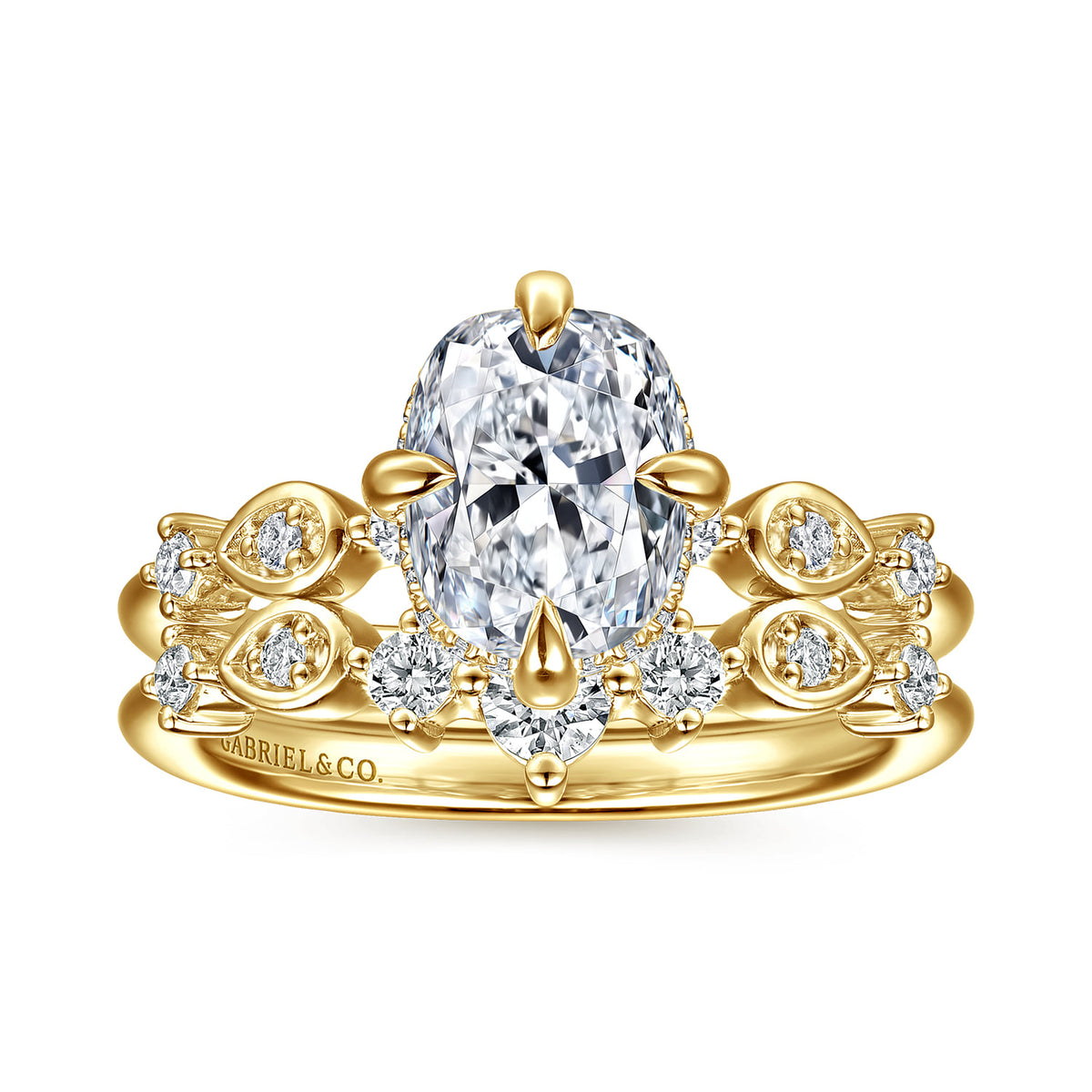 14K Yellow Gold Compass Prong Elongated Cushion Diamond Engagement Ring — Gabriel & Co. ER16906G8Y44JJ; center stone shown for illustration, not included