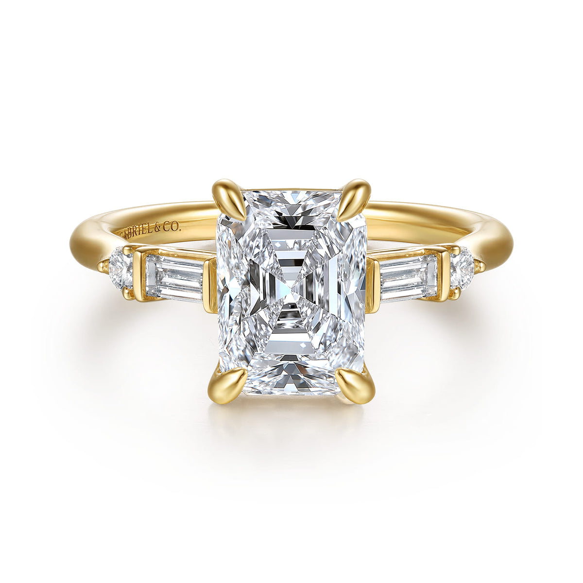 14K Yellow Gold Radiant Cut Five Stone Diamond Engagement Ring — Gabriel & Co. ER16907N10Y44JJ; center stone shown for illustration, not included