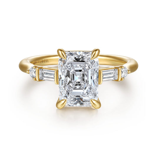 14K Yellow Gold Radiant Cut Five Stone Diamond Engagement Ring — Gabriel & Co. ER16907N10Y44JJ; center stone shown for illustration, not included
