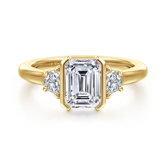 14K Yellow Gold Half Bezel Emerald Cut Three Stone Diamond Engagement Ring — ER16908E6Y43JJ; center stone shown for illustration, not included