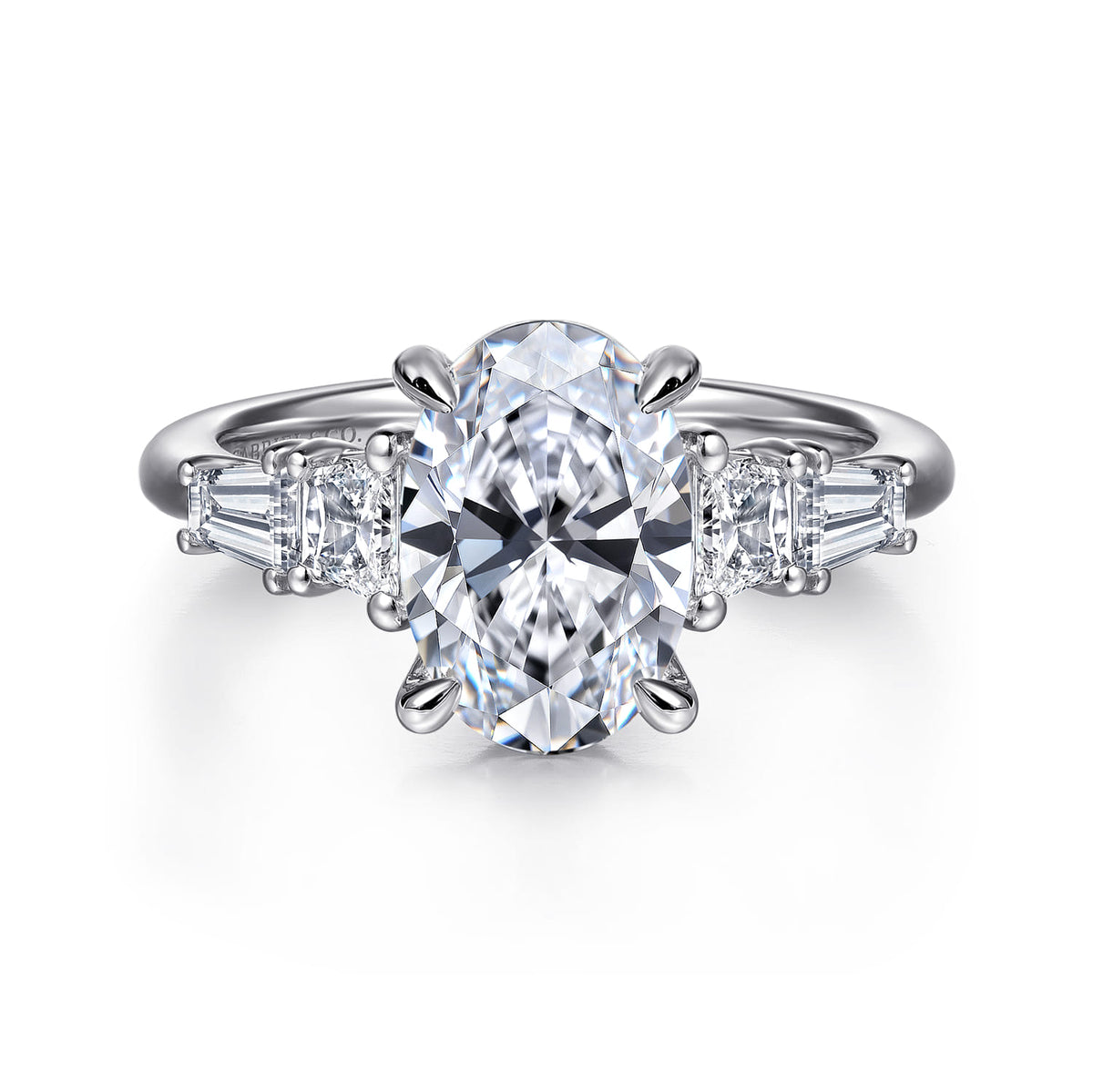 14K White Gold Oval Five Stone Diamond Engagement Ring — Gabriel & Co. ER16912O8W43JJ; center stone shown for illustration, not included