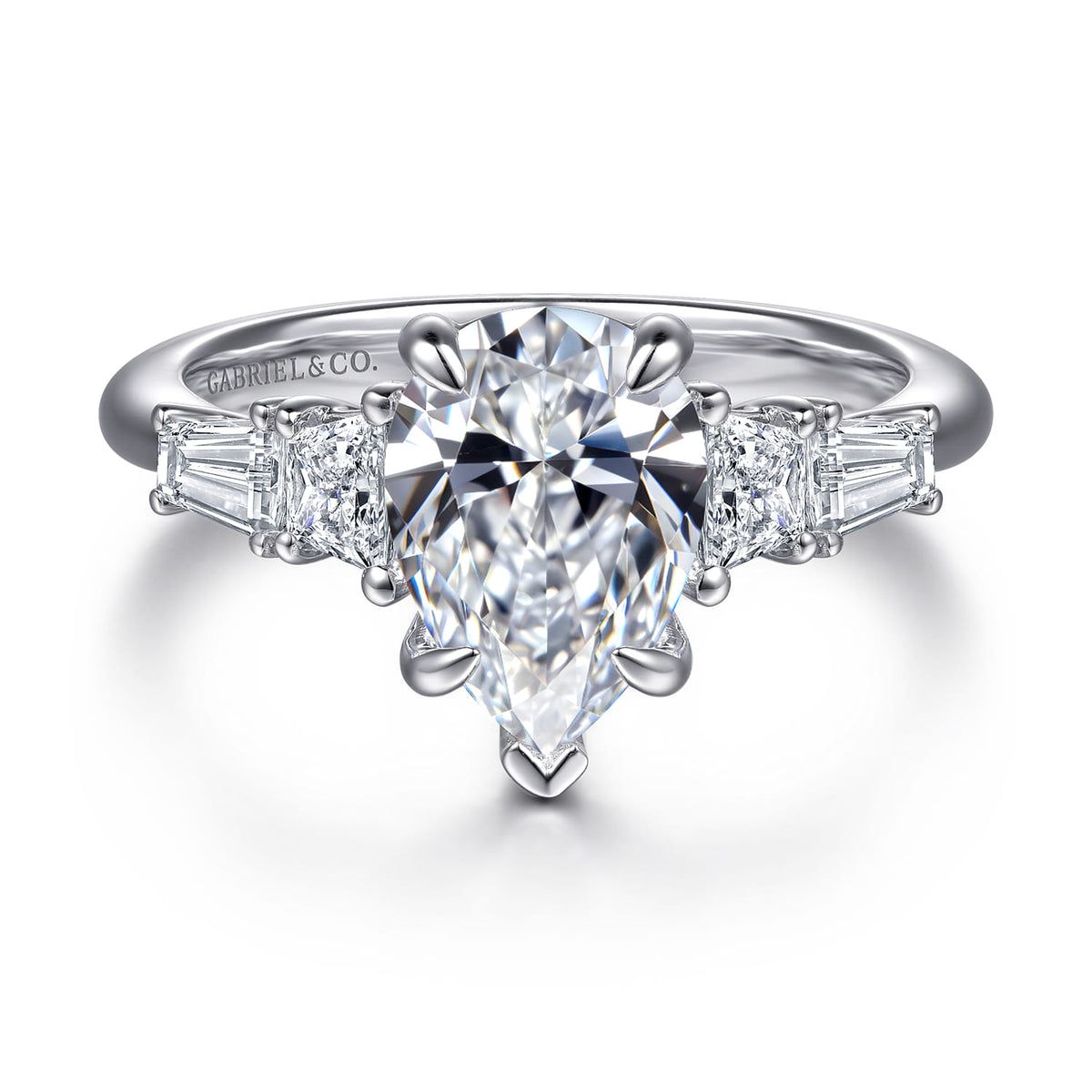 14K White Gold Pear Shape Five Stone  Diamond Engagement Ring — Gabriel & Co. ER16912P8W43JJ; center stone shown for illustration, not included