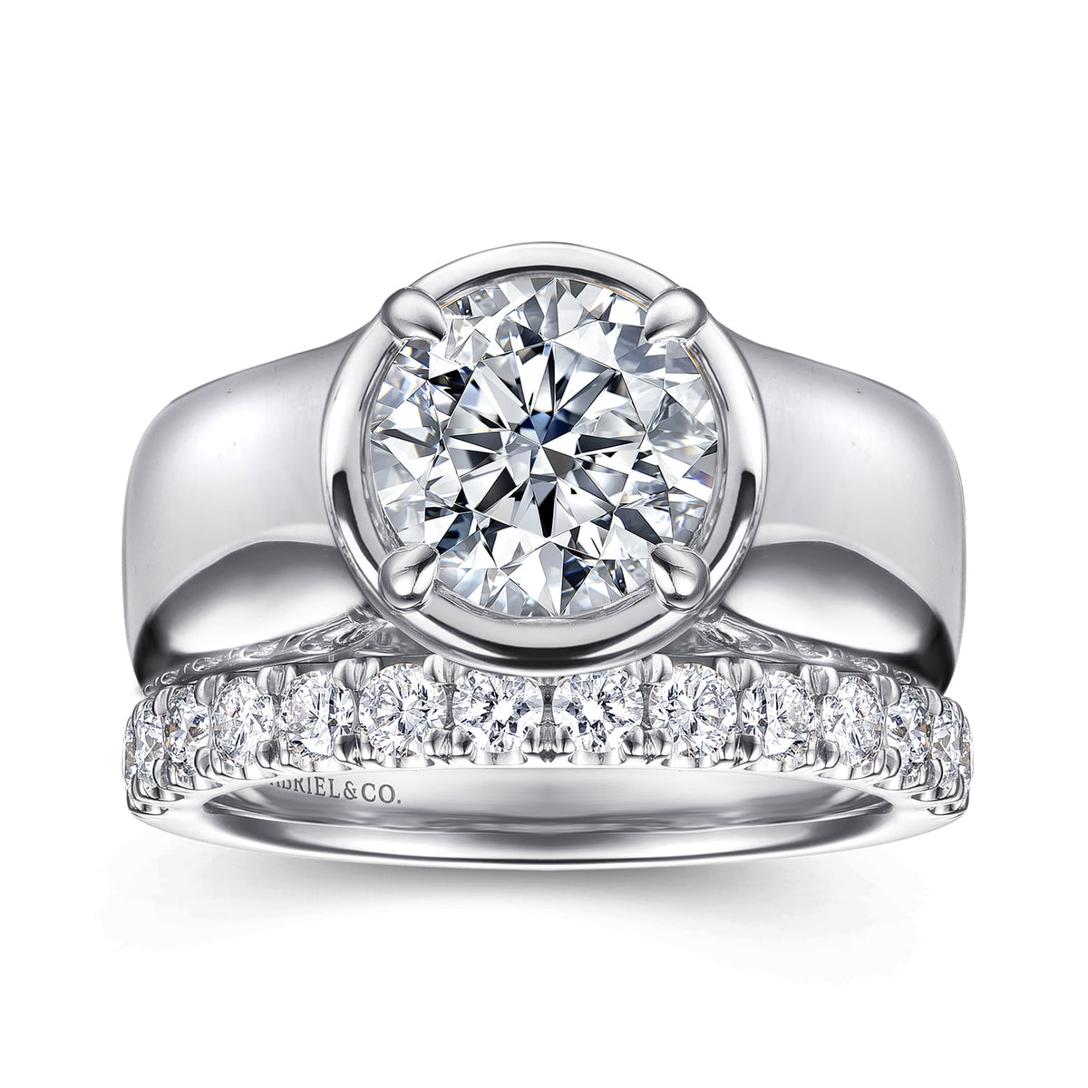 14K White Gold Round Diamond Engagement Ring — Gabriel & Co. ER16914R8W4JJJ; center stone shown for illustration, not included