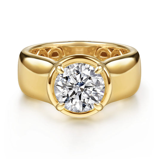 14K Yellow Gold Bezel Prong Round Wide Band Diamond Engagement Ring — Gabriel & Co. ER16914R8Y4JJJ; center stone shown for illustration, not included