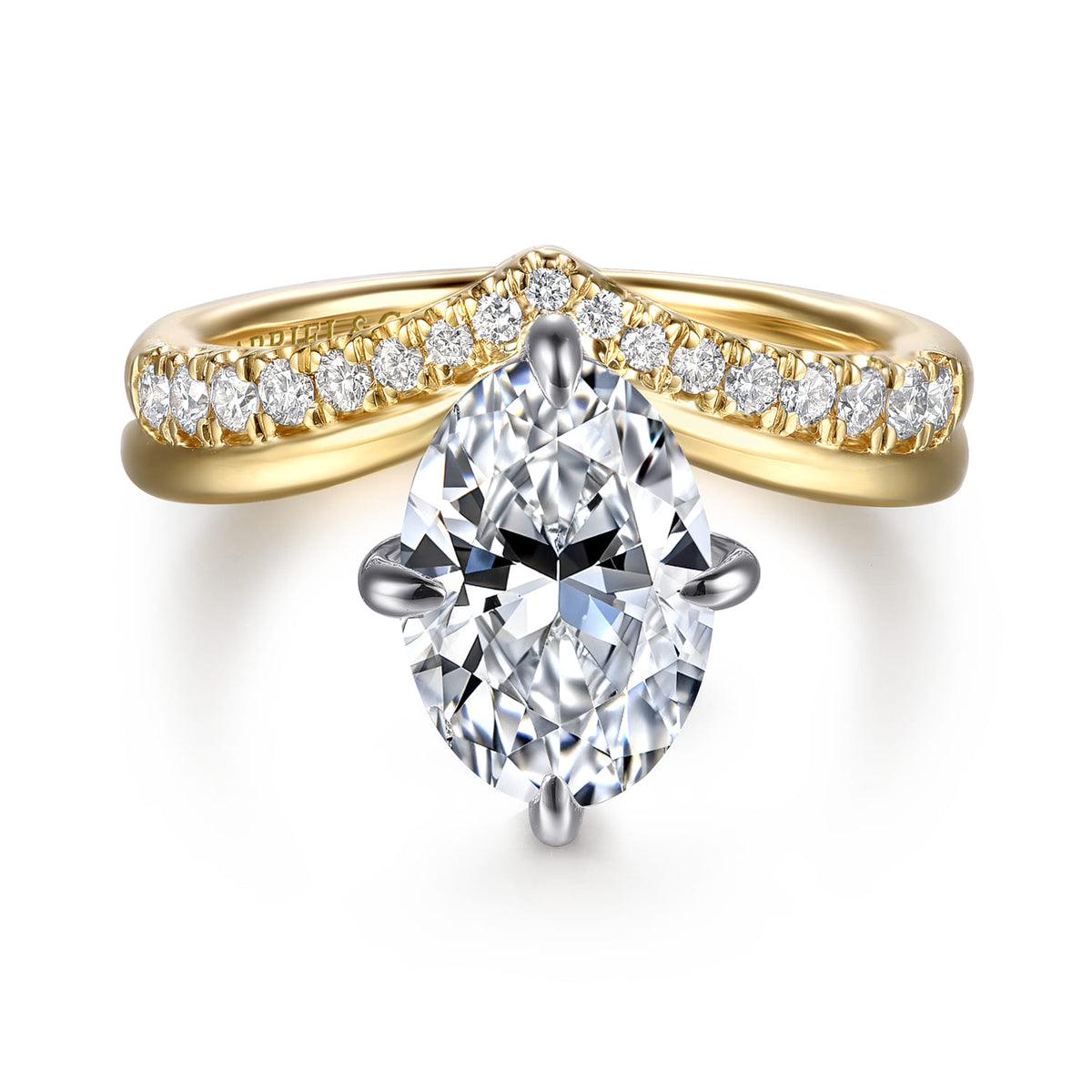 14K White-Yellow Gold Chevron Compass Prong Oval Diamond Engagement Ring — Gabriel & Co. ER16916O8M44JJ; center stone shown for illustration, not included