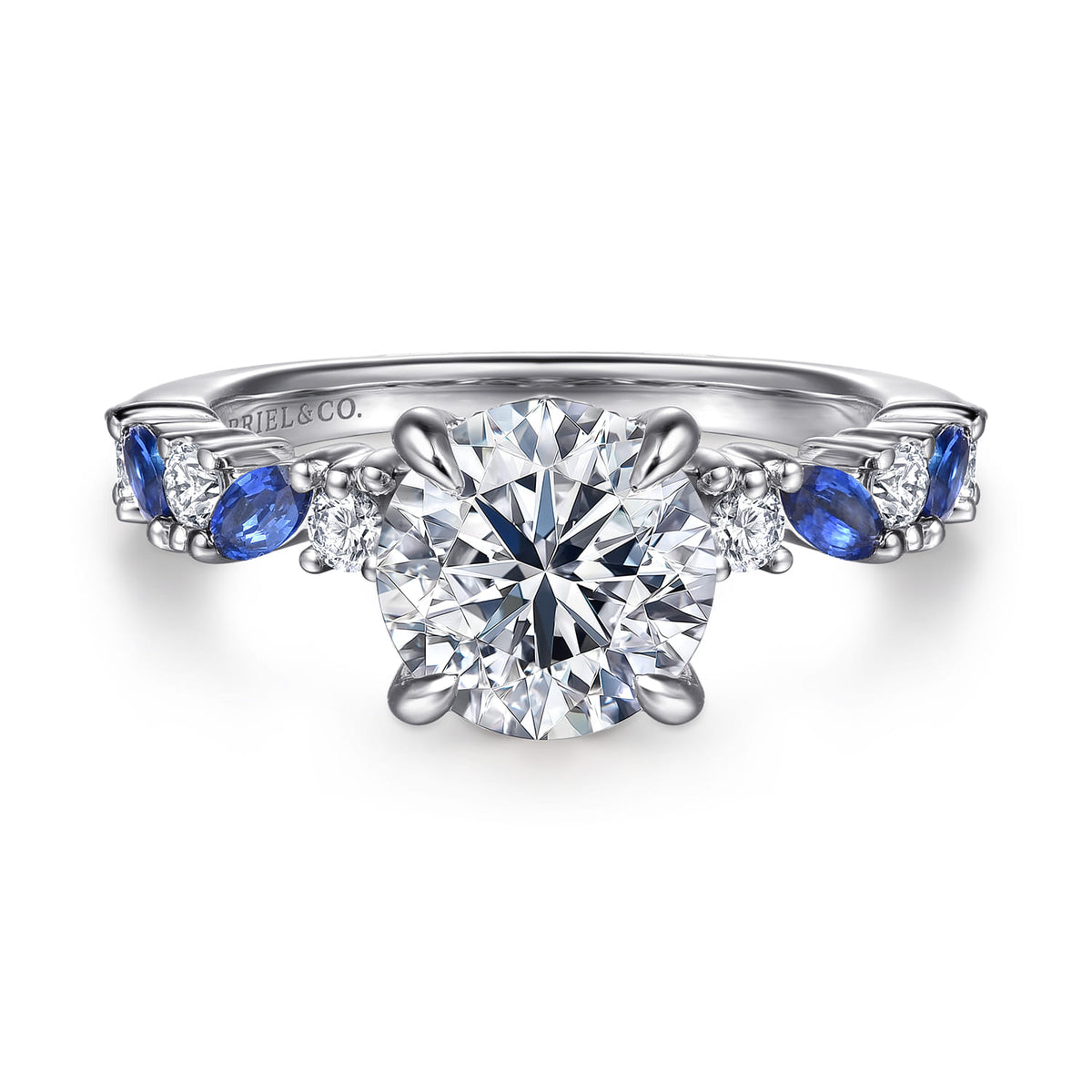 14K White Gold Round Sapphire and Diamond Engagement Ring — Gabriel & Co. ER16918R8W44SA; center stone shown for illustration, not included