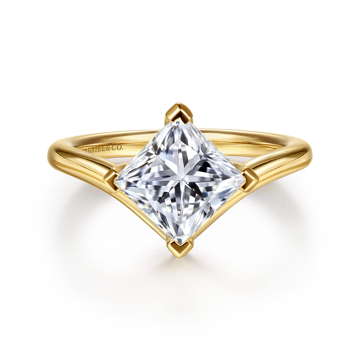 14K Yellow Gold Chevron Princess Cut Diamond Engagement Ring — Gabriel & Co. ER16930S8Y44JJ; center stone shown for illustration, not included