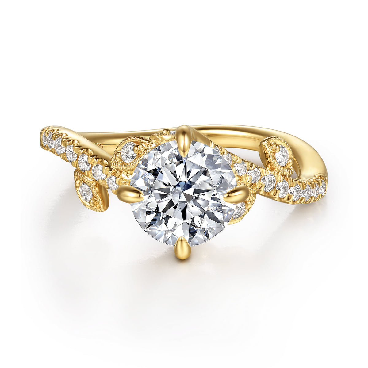 14K Yellow Gold Round Diamond Engagement Ring — Gabriel & Co. ER16932R6Y44JJ; center stone shown for illustration, not included