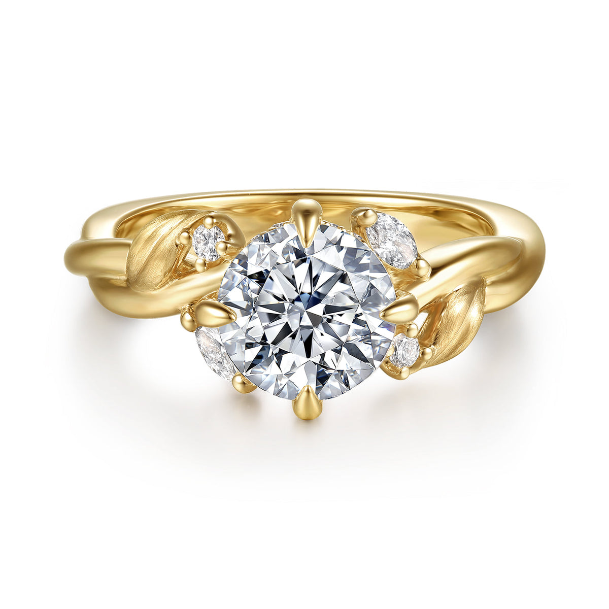 14K Yellow Gold Compass Prong Twisted Round Diamond Engagement Ring — Gabriel & Co. ER16933R6Y44JJ; center stone shown for illustration, not included