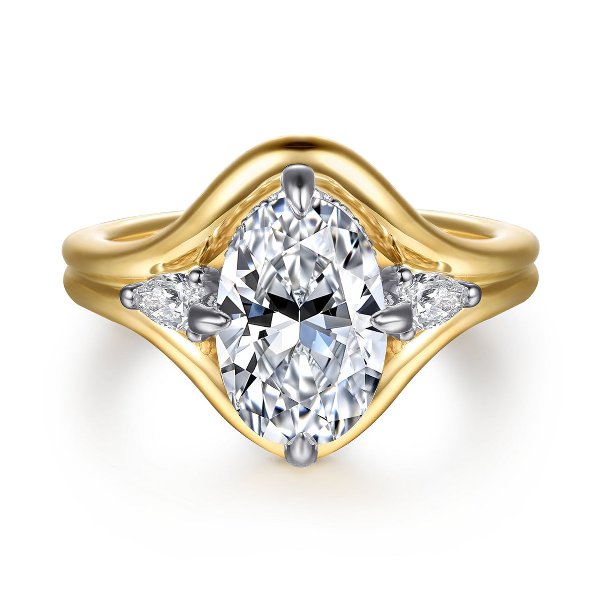 14K White-Yellow Gold Compass Prong Oval Diamond Engagement Ring — Gabriel & Co. ER16934O8M44JJ; center stone shown for illustration, not included