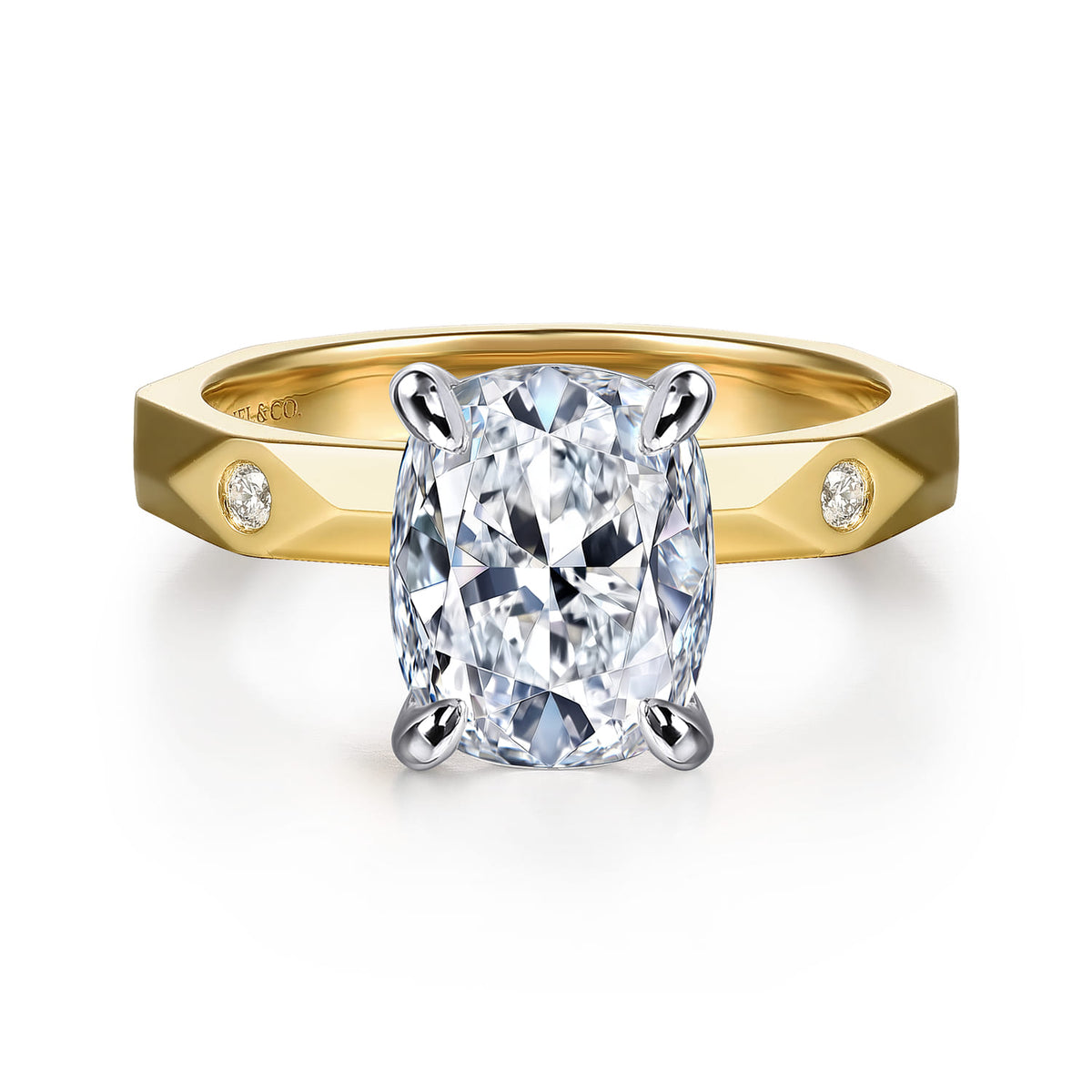 14K White-Yellow Gold Elongated Cushion Diamond Engagement Ring — Gabriel & Co. ER16948G12M44JJ; center stone shown for illustration, not included