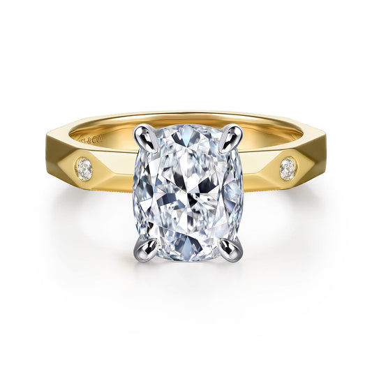 14K White-Yellow Gold Elongated Cushion Diamond Engagement Ring — Gabriel & Co. ER16948G12M44JJ; center stone shown for illustration, not included