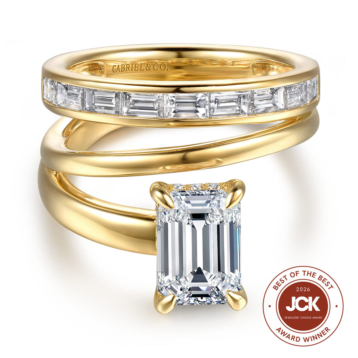 14K Yellow Gold Bypass Emerald Cut Diamond Engagement Ring — Gabriel & Co. ER16953E8Y44JJ; center stone shown for illustration, not included