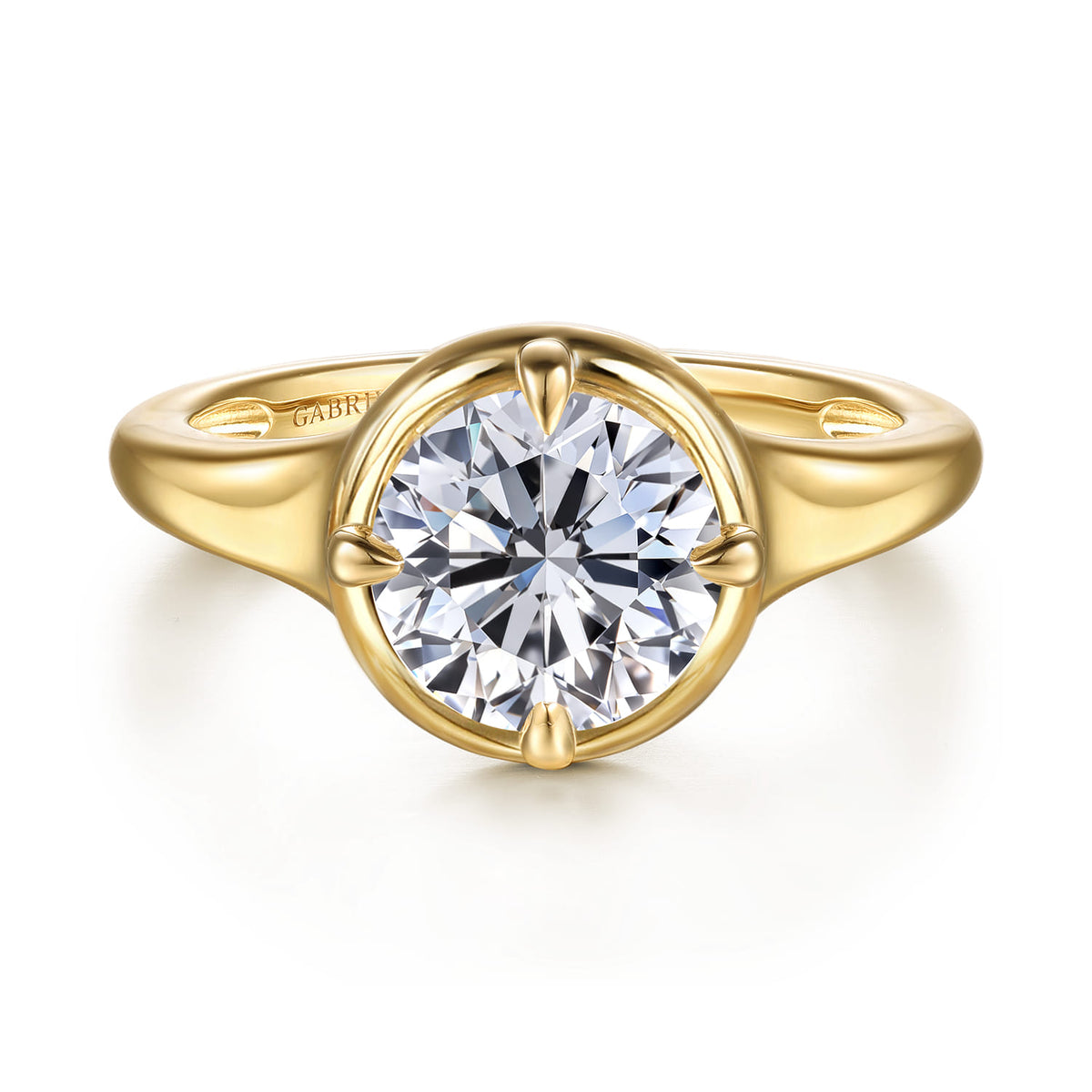 14K Yellow Gold Compass Bezel Prong Round Solitaire Diamond Engagement Ring — Gabriel & Co. ER16955R8Y4JJJ; center stone shown for illustration, not included