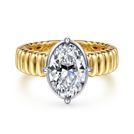 14K White-Yellow Gold Compass Bezel Prong Oval Diamond Engagement Ring — ER16956O8M4JJJ; center stone shown for illustration, not included