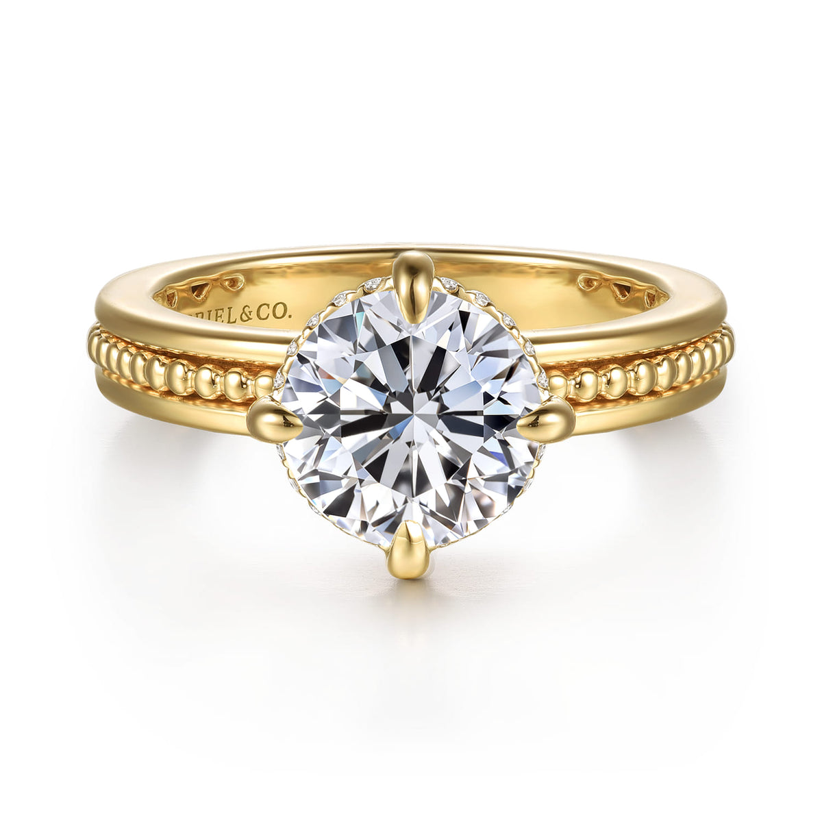 14K Yellow Gold Compass Prong Round Diamond Engagement Ring — Gabriel & Co. ER16957R8Y44JJ; center stone shown for illustration, not included
