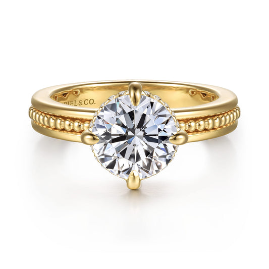 14K Yellow Gold Compass Prong Round Diamond Engagement Ring — Gabriel & Co. ER16957R8Y44JJ; center stone shown for illustration, not included
