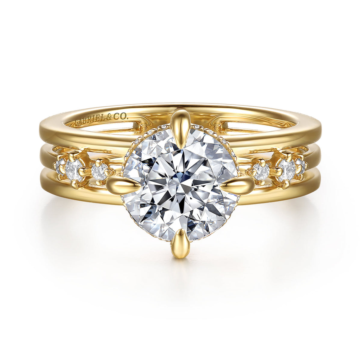 14K Yellow Gold Compass Prong Round Diamond Engagement Ring — Gabriel & Co. ER16958R8Y44JJ; center stone shown for illustration, not included