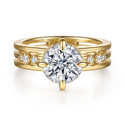 14K Yellow Gold Compass Prong Round Diamond Engagement Ring — Gabriel & Co. ER16958R8Y44JJ; center stone shown for illustration, not included