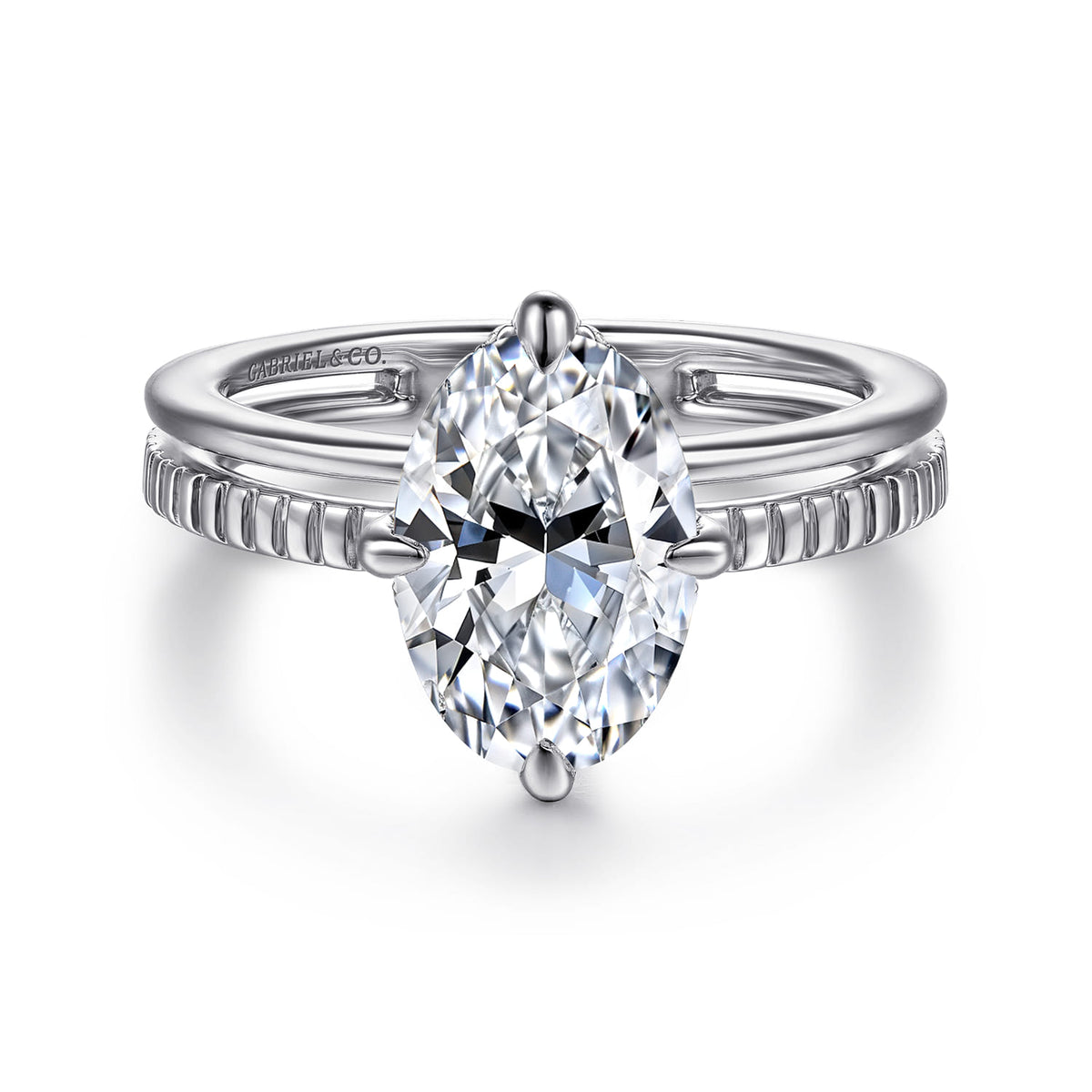 14K White Gold Compass Prong Oval Diamond Engagement Ring — Gabriel & Co. ER16959O8W44JJ; center stone shown for illustration, not included