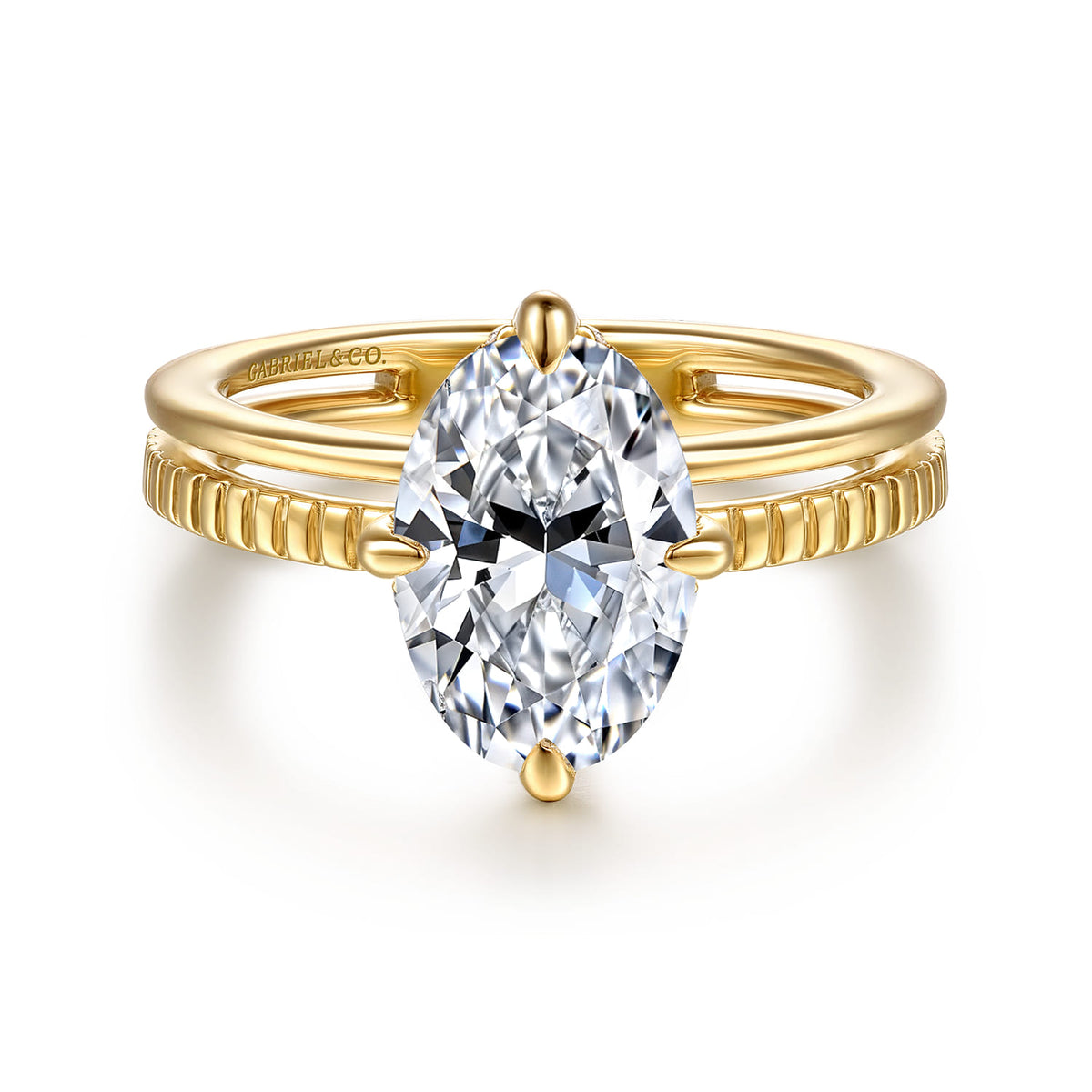 14K Yellow Gold Compass Prong Oval Diamond Engagement Ring — Gabriel & Co. ER16959O8Y44JJ; center stone shown for illustration, not included