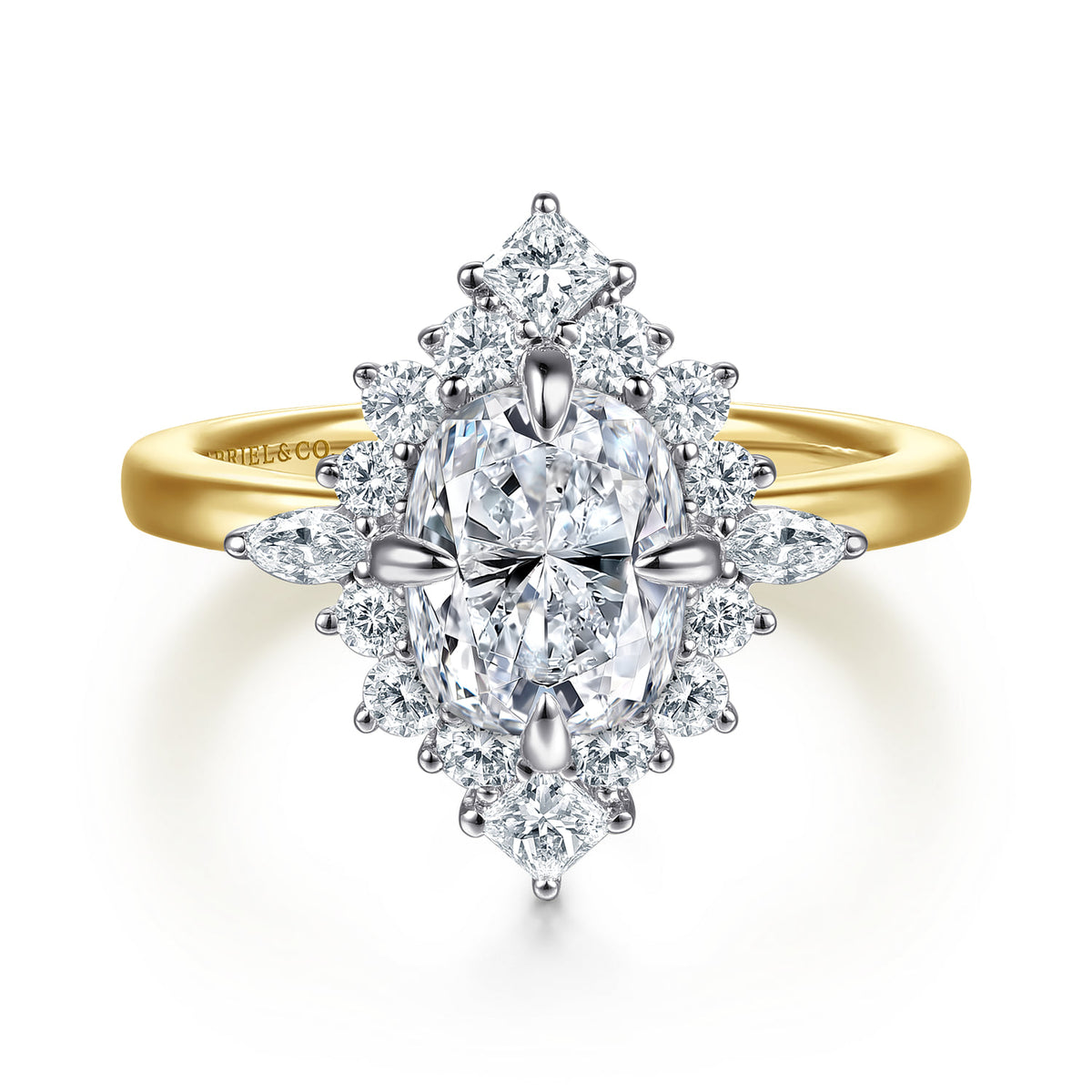 14K White-Yellow Gold Elongated Cushion Halo Diamond Engagement Ring — Gabriel & Co. ER16961G8M44JJ; center stone shown for illustration, not included