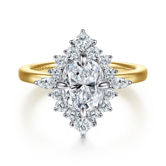 14K White-Yellow Gold Elongated Cushion Halo Diamond Engagement Ring — Gabriel & Co. ER16961G8M44JJ; center stone shown for illustration, not included