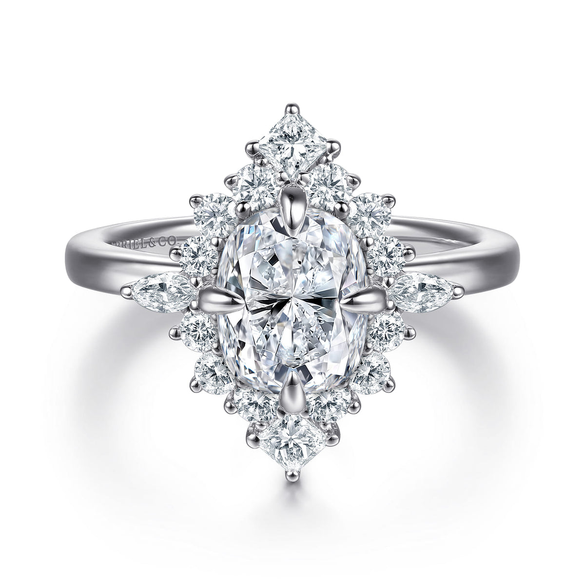 14K White Gold Elongated Cushion Halo Diamond Engagement Ring — Gabriel & Co. ER16961G8W44JJ; center stone shown for illustration, not included
