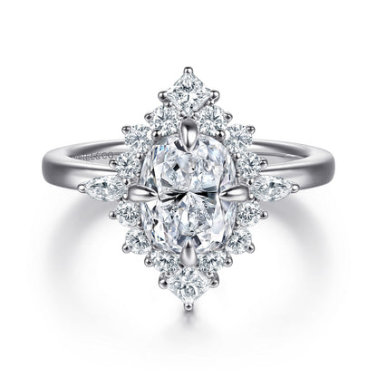 14K White Gold Elongated Cushion Halo Diamond Engagement Ring — Gabriel & Co. ER16961G8W44JJ; center stone shown for illustration, not included