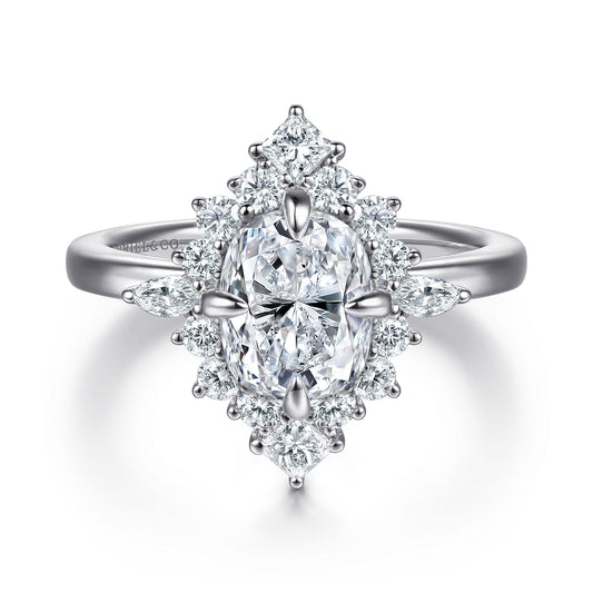 14K White Gold Elongated Cushion Halo Diamond Engagement Ring — Gabriel & Co. ER16961G8W44JJ; center stone shown for illustration, not included