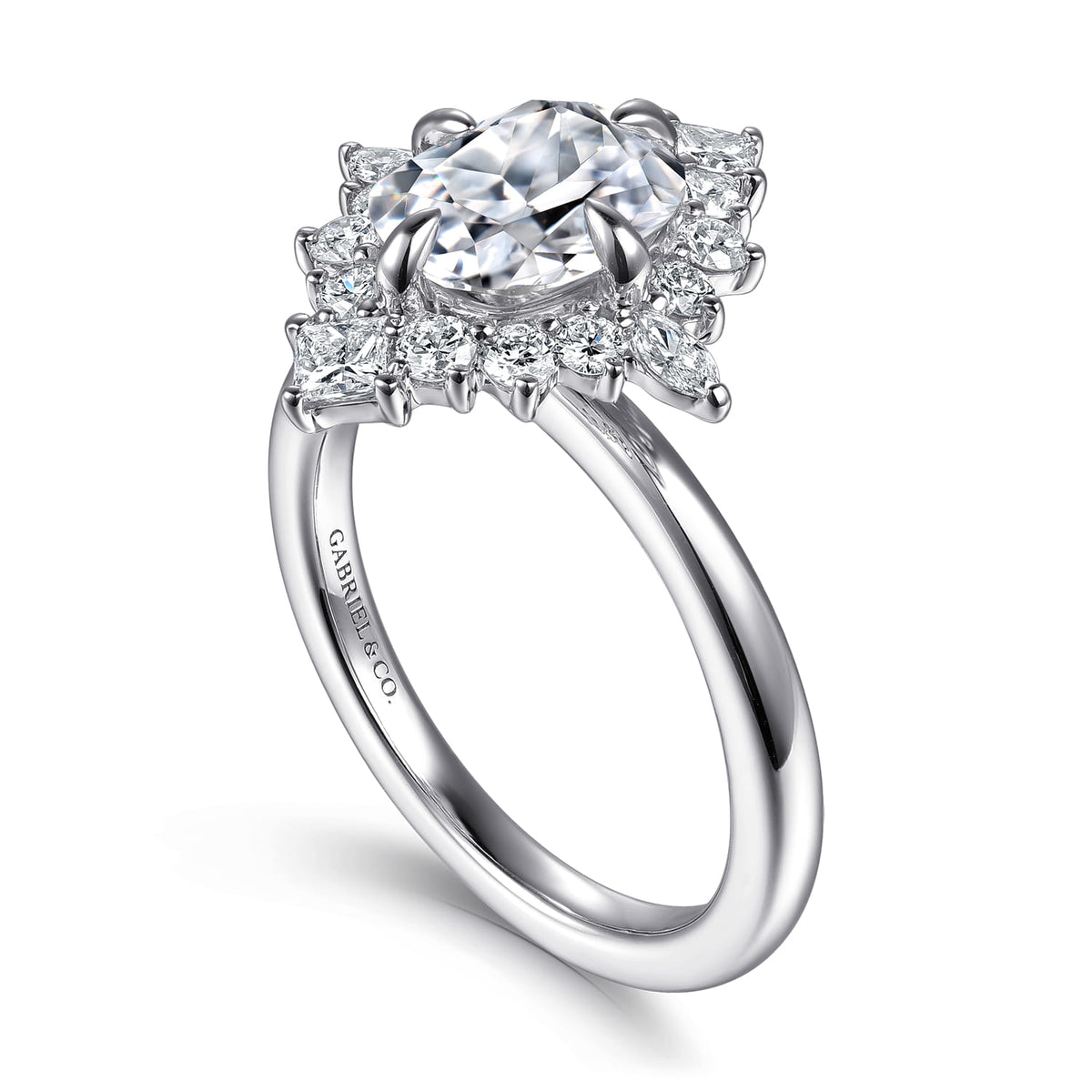 14K White Gold Elongated Cushion Halo Diamond Engagement Ring — Gabriel & Co. ER16961G8W44JJ; center stone shown for illustration, not included