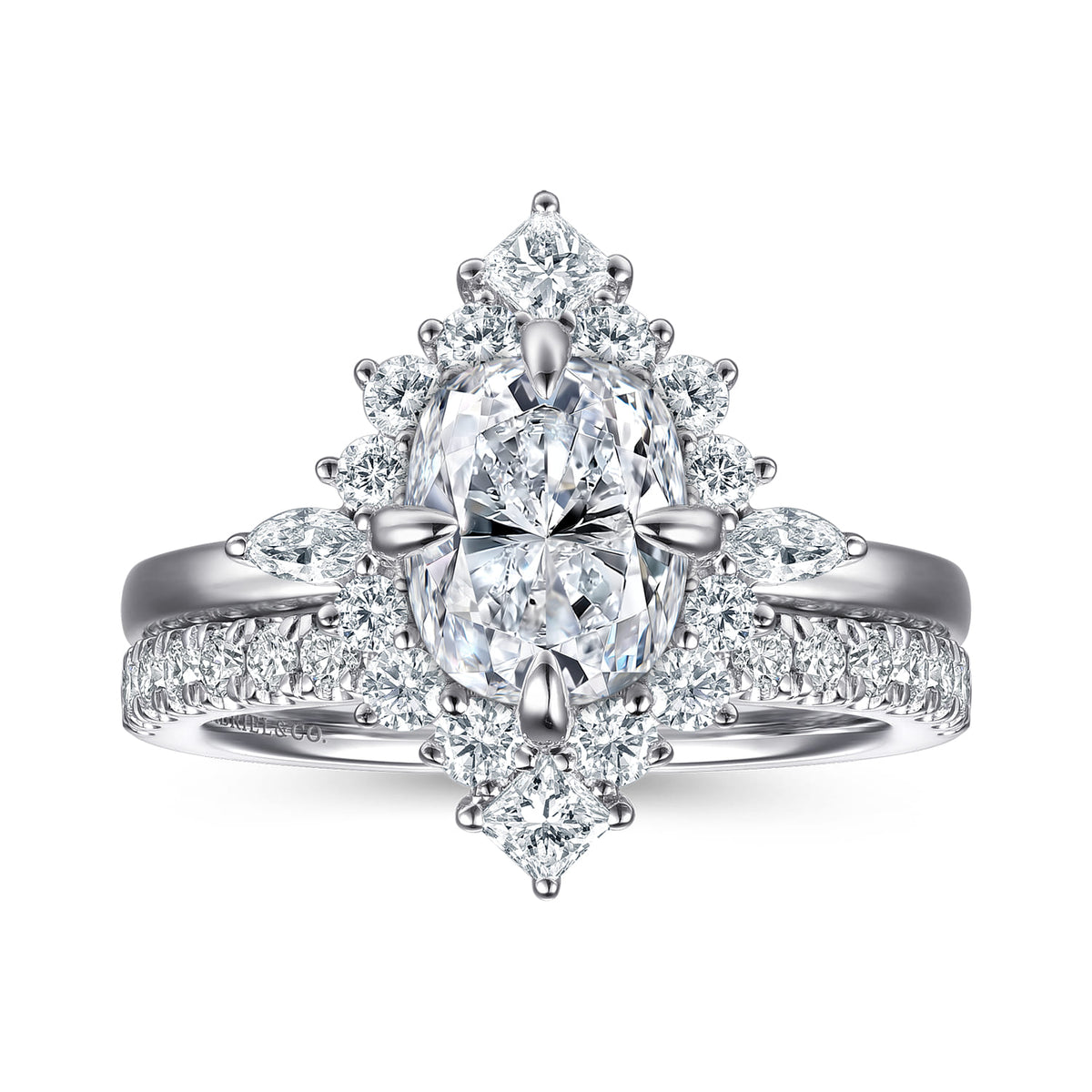 14K White Gold Elongated Cushion Halo Diamond Engagement Ring — Gabriel & Co. ER16961G8W44JJ; center stone shown for illustration, not included