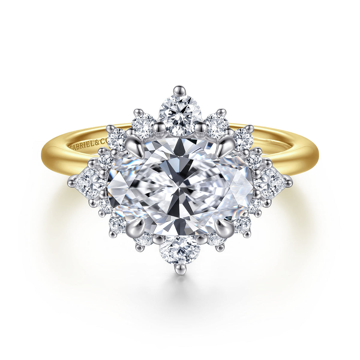 14K White-Yellow Gold Oval Halo Diamond Engagement Ring — Gabriel & Co. ER16962O8M44JJ; center stone shown for illustration, not included