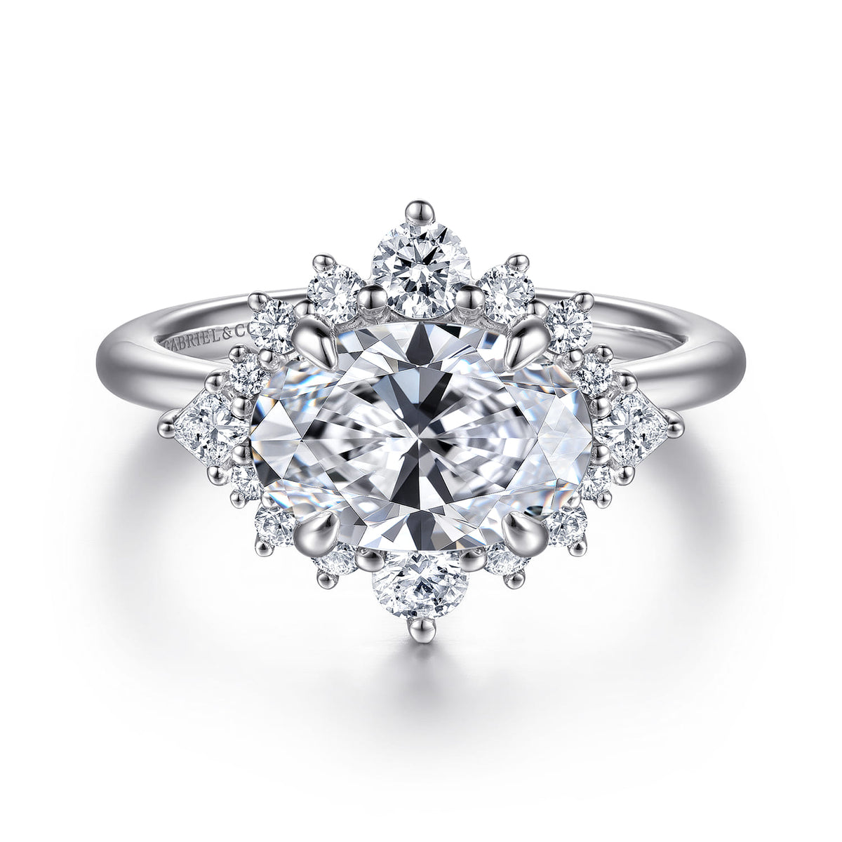 14K White Gold Oval Halo Diamond Engagement Ring — Gabriel & Co. ER16962O8W44JJ; center stone shown for illustration, not included