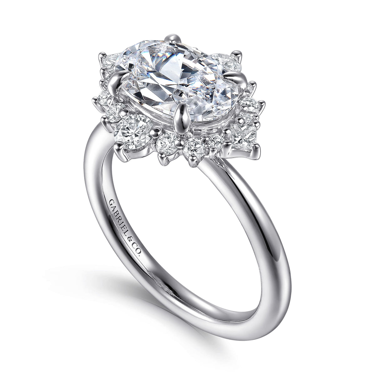 14K White Gold Oval Halo Diamond Engagement Ring — Gabriel & Co. ER16962O8W44JJ; center stone shown for illustration, not included