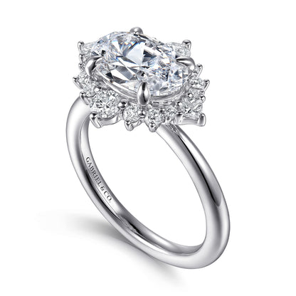 14K White Gold Oval Halo Diamond Engagement Ring — Gabriel & Co. ER16962O8W44JJ; center stone shown for illustration, not included