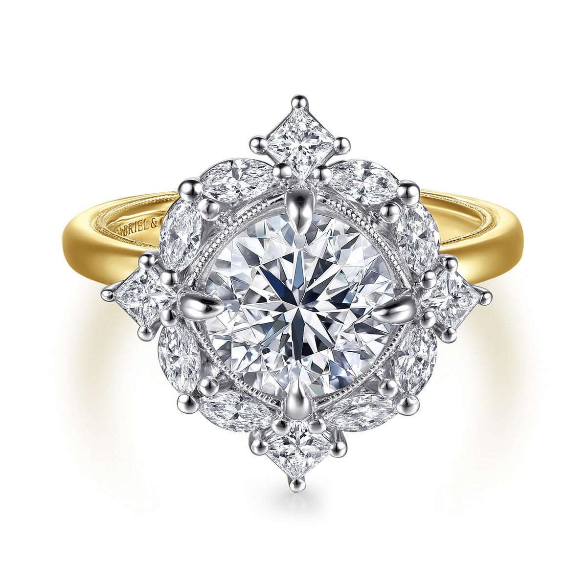 14K White-Yellow Gold Compass Prong Round Halo Diamond Engagement Ring — Gabriel & Co. ER16963R8M44JJ; center stone shown for illustration, not included