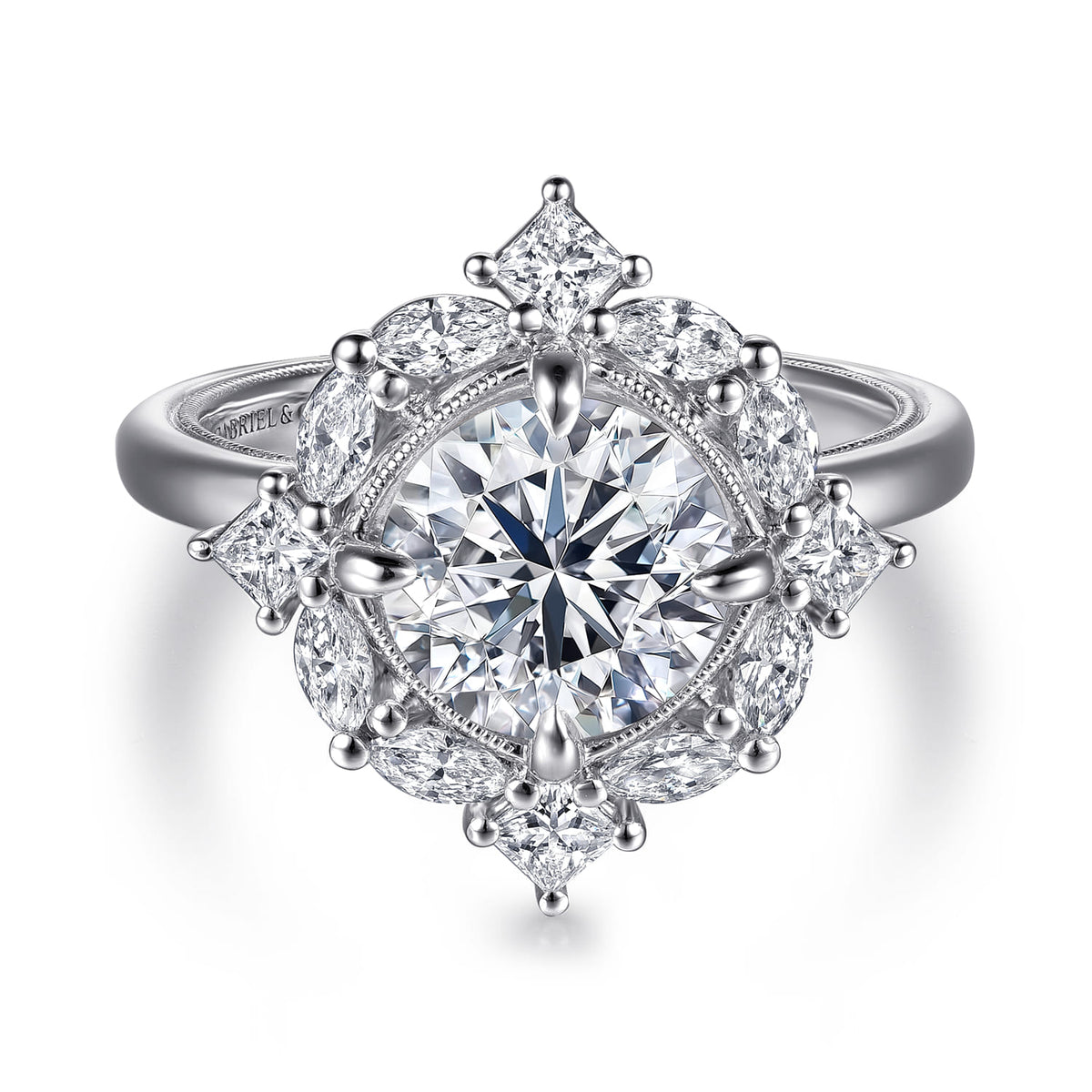 14K White Gold Compass Prong Round Halo Diamond Engagement Ring — Gabriel & Co. ER16963R8W44JJ; center stone shown for illustration, not included