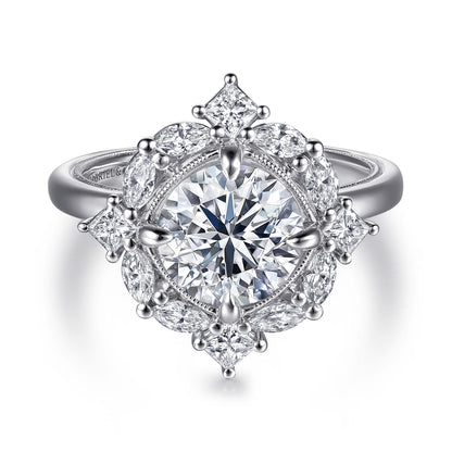 14K White Gold Compass Prong Round Halo Diamond Engagement Ring — Gabriel & Co. ER16963R8W44JJ; center stone shown for illustration, not included