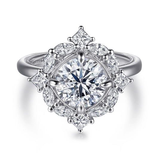 14K White Gold Compass Prong Round Halo Diamond Engagement Ring — Gabriel & Co. ER16963R8W44JJ; center stone shown for illustration, not included