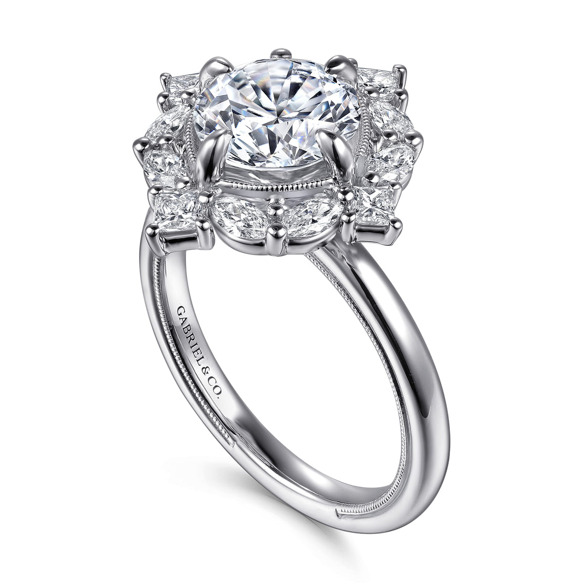 14K White Gold Compass Prong Round Halo Diamond Engagement Ring — Gabriel & Co. ER16963R8W44JJ; center stone shown for illustration, not included