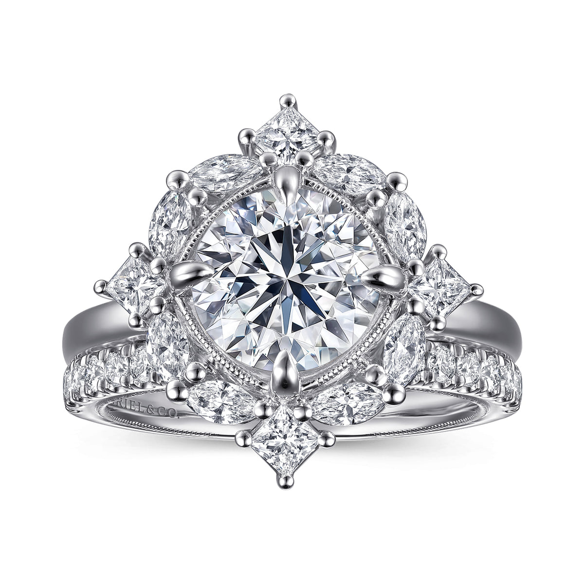 14K White Gold Compass Prong Round Halo Diamond Engagement Ring — Gabriel & Co. ER16963R8W44JJ; center stone shown for illustration, not included