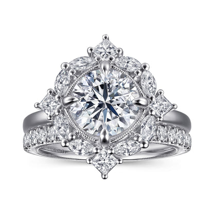 14K White Gold Compass Prong Round Halo Diamond Engagement Ring — Gabriel & Co. ER16963R8W44JJ; center stone shown for illustration, not included