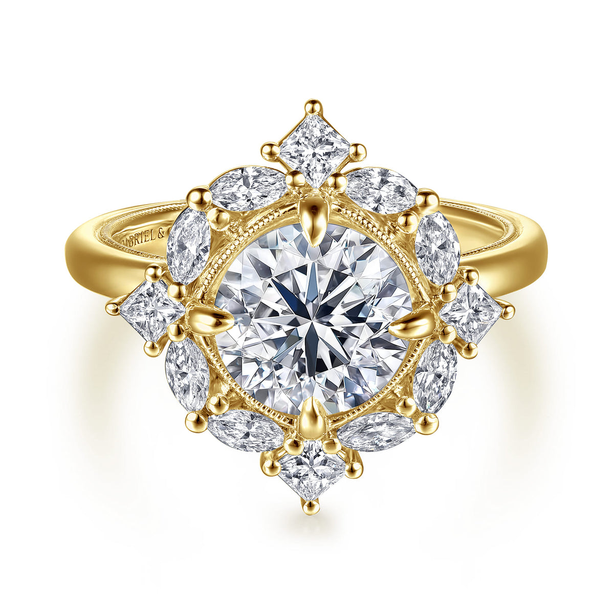 14K Yellow Gold Compass Prong Round Halo Diamond Engagement Ring — Gabriel & Co. ER16963R8Y44JJ; center stone shown for illustration, not included