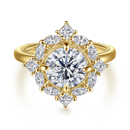 14K Yellow Gold Compass Prong Round Halo Diamond Engagement Ring — Gabriel & Co. ER16963R8Y44JJ; center stone shown for illustration, not included