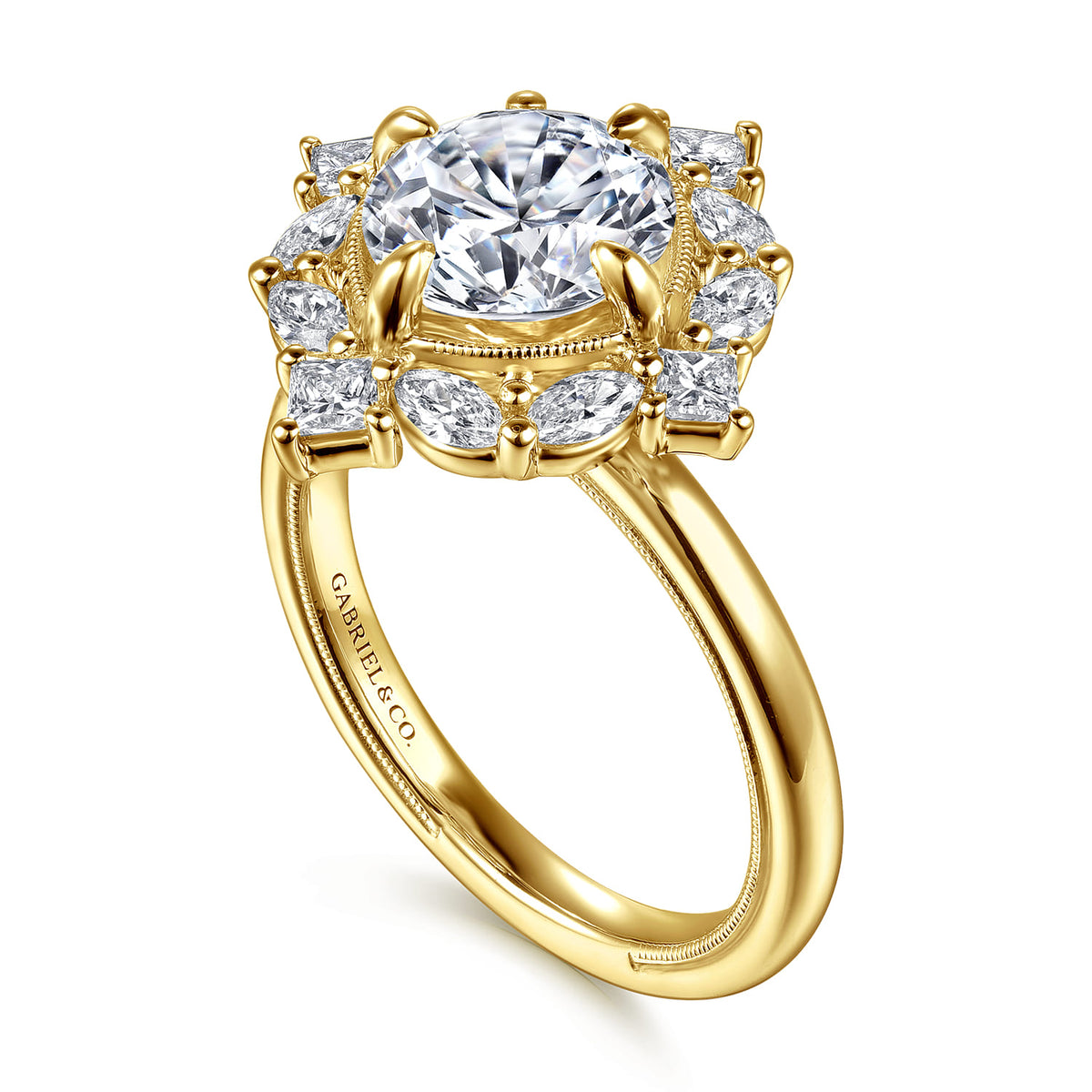 14K Yellow Gold Compass Prong Round Halo Diamond Engagement Ring — Gabriel & Co. ER16963R8Y44JJ; center stone shown for illustration, not included