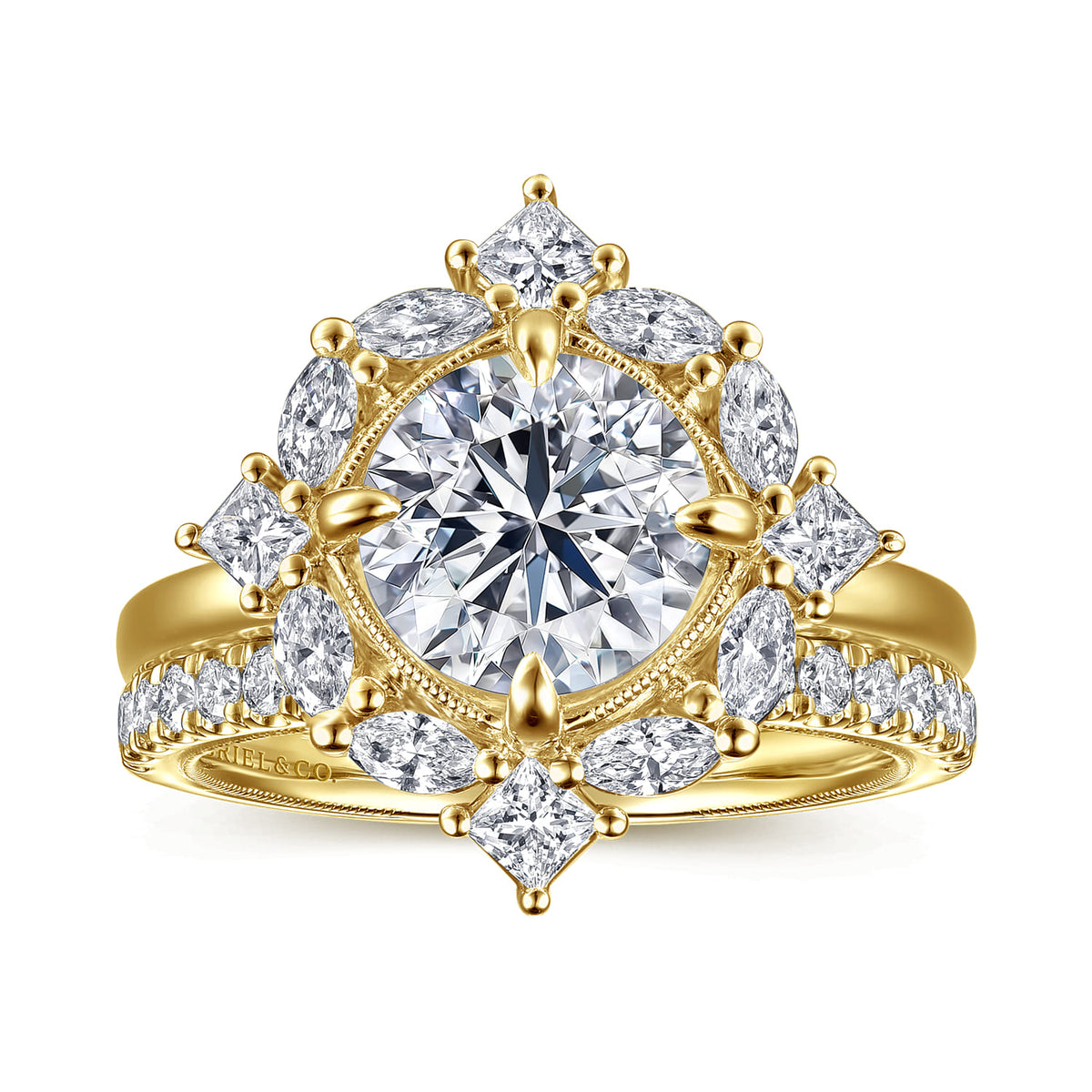 14K Yellow Gold Compass Prong Round Halo Diamond Engagement Ring — Gabriel & Co. ER16963R8Y44JJ; center stone shown for illustration, not included