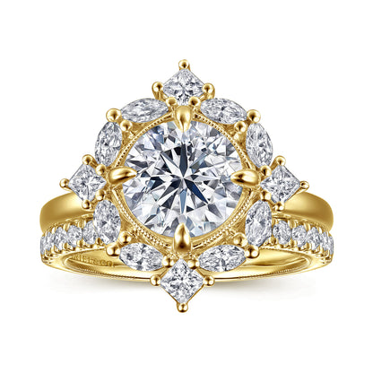 14K Yellow Gold Compass Prong Round Halo Diamond Engagement Ring — Gabriel & Co. ER16963R8Y44JJ; center stone shown for illustration, not included