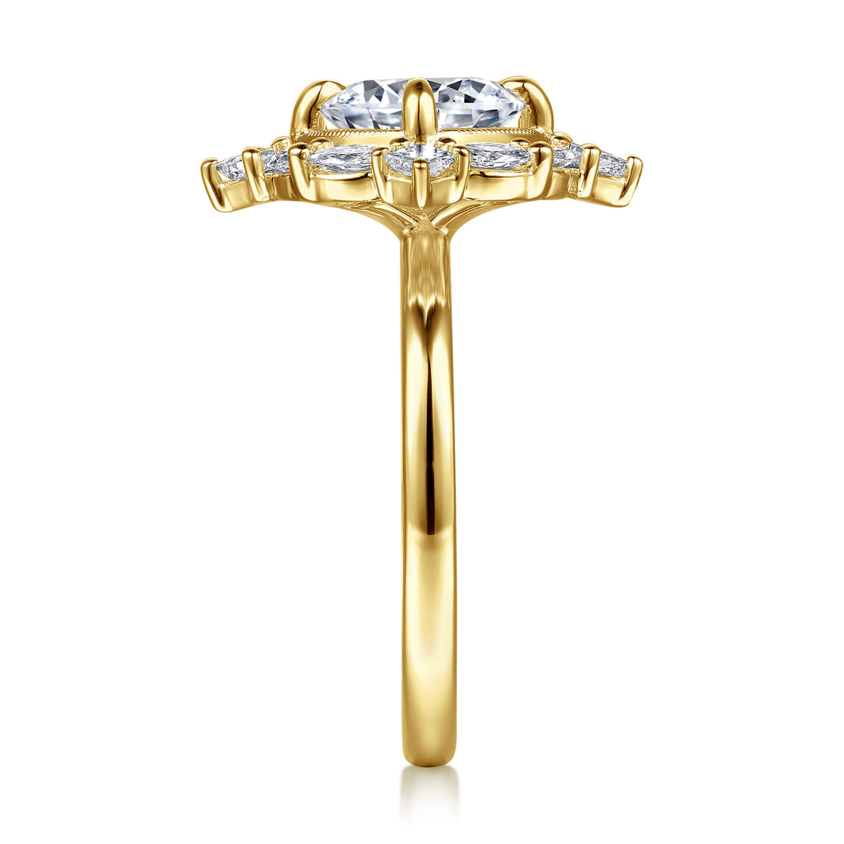 14K Yellow Gold Compass Prong Round Halo Diamond Engagement Ring — Gabriel & Co. ER16963R8Y44JJ; center stone shown for illustration, not included