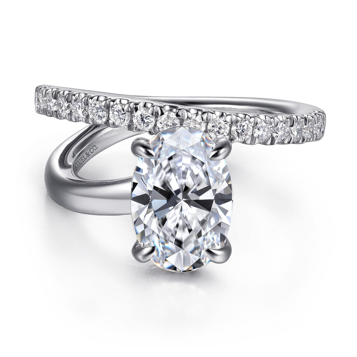 14K White Gold Split Shank Oval Diamond Engagement Ring — Gabriel & Co. ER16966O8W44JJ; center stone shown for illustration, not included